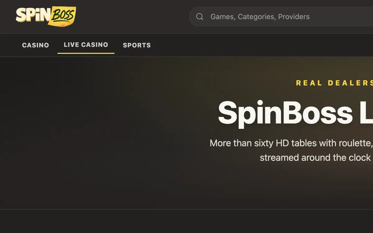 SpinBoss – live casino page (English interface), spinboss.live, 2026-09-07